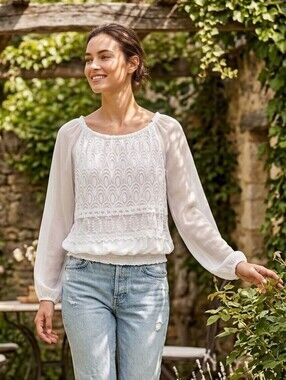 Elena Baldi Women's Coastal Cowgirl White Italian Lace Peasant Blouse Size Small